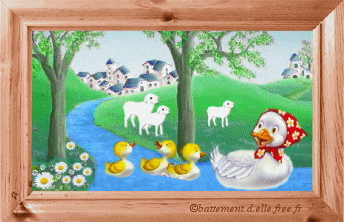 gif animé paques printemps une maman canard un foulard sur la tête promène ses petits cannetons dans un cours d'eau