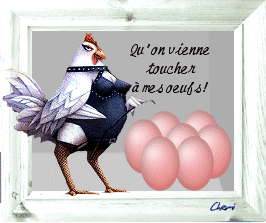 Pâques message animé: une poule un fouet à la main surveille ses oeufs " qu'on vienne toucher à mes oeufs ! "